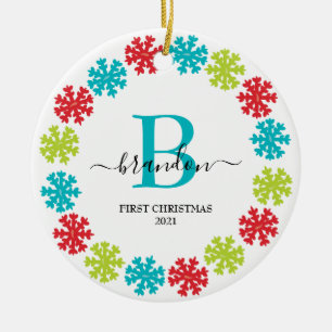 First Christmas Monogram Baby Name Xmas Wreath  Keramik Ornament