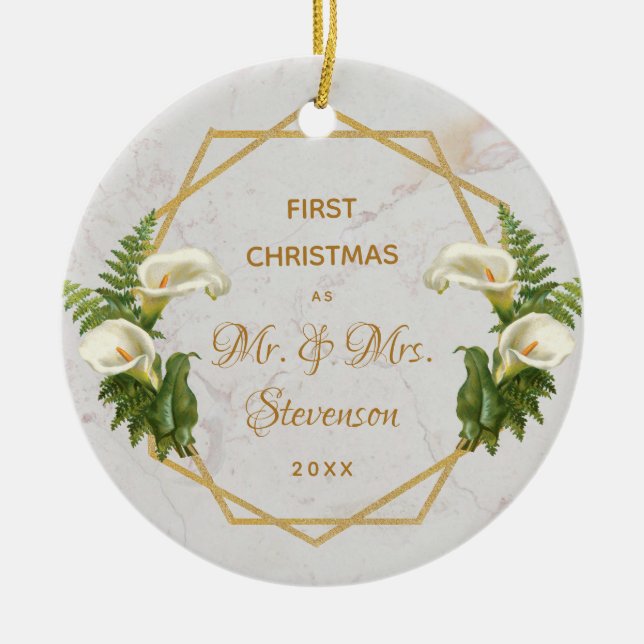 First Christmas Mr & Mrs Gold Marble Calla Lilies Keramik Ornament (Vorne)