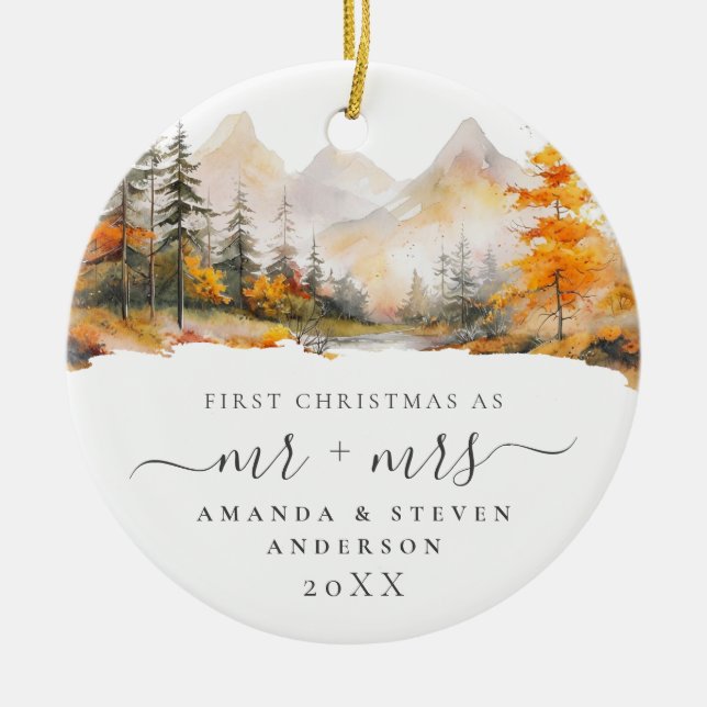 First Christmas Mr Mrs Mountain Forest Wedding Keramik Ornament (Vorne)