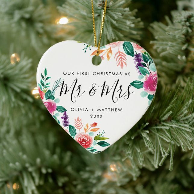 First Christmas Mr. & Mrs. Script Floral Foto Keramik Ornament (Baum)