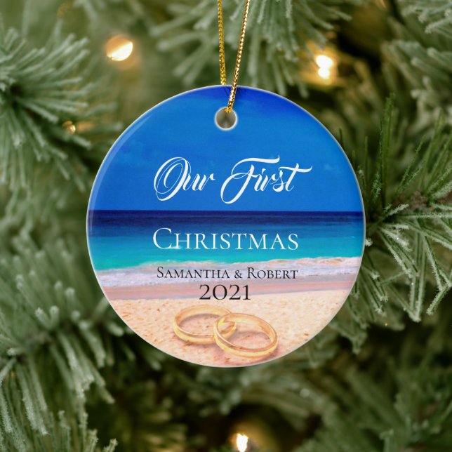 First Christmas Name Date Tropical Beach Keramik Ornament (Baum)