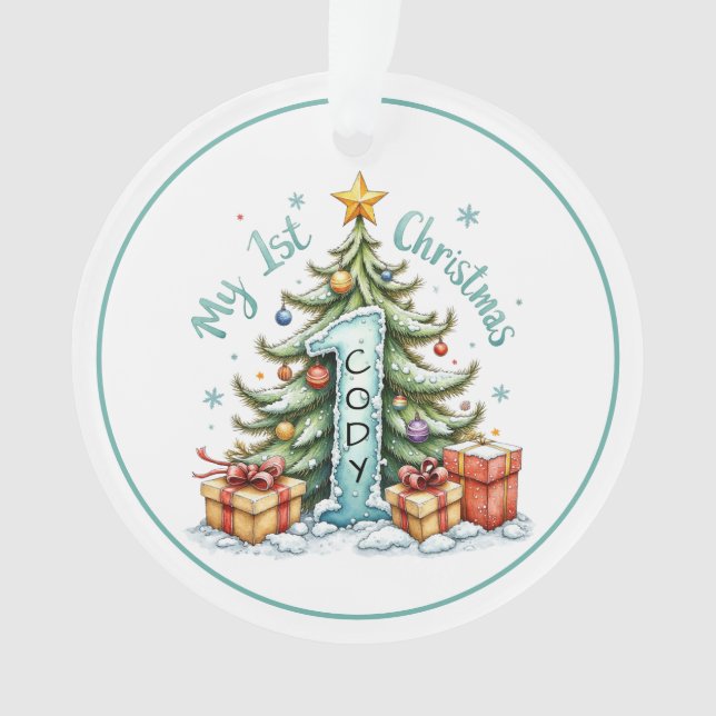 First Christmas Ornament – Snowy Tree & Gifts  (Vorderseite)
