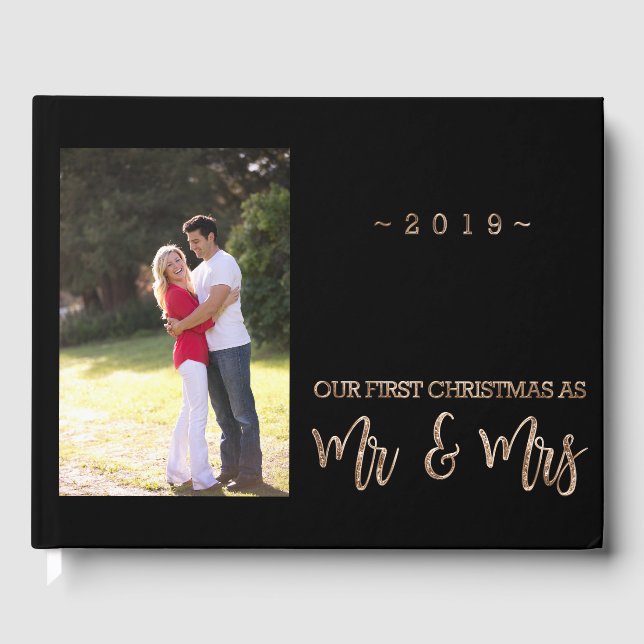 First Christmas Party New Weds Black and Gold Gästebuch (Vorderseite)