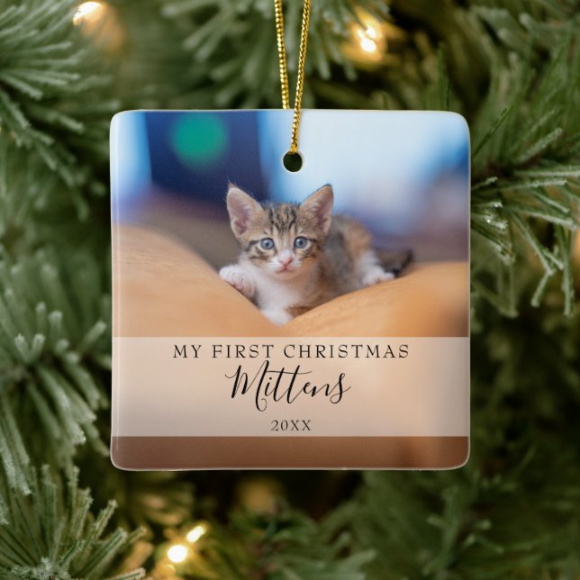 First Christmas Pet Foto Elegante Script Holiday Keramikornament (Baum)
