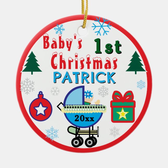 First Christmas PHOTO Boy Blue Name Keramik Ornament (Vorne)