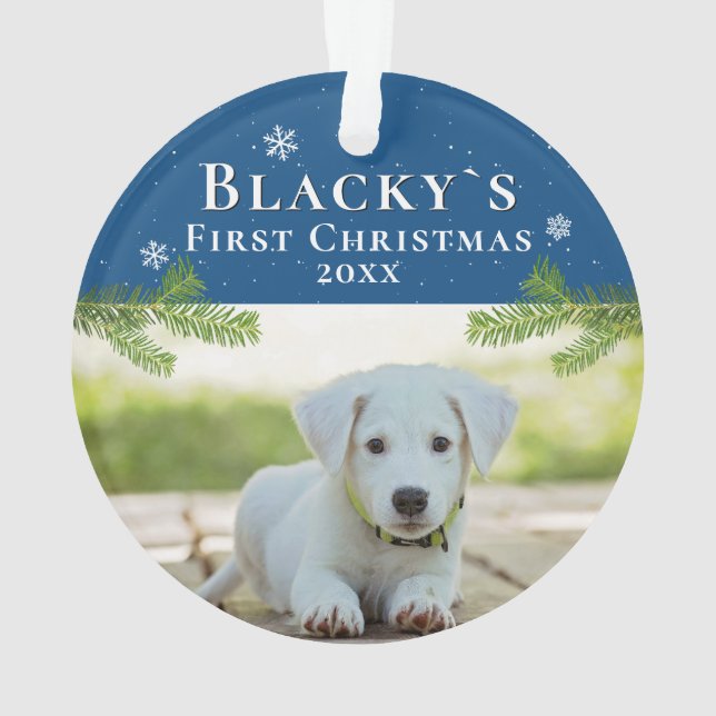 First Christmas Pine Blue Puppy Foto Ornament (Rückseite)