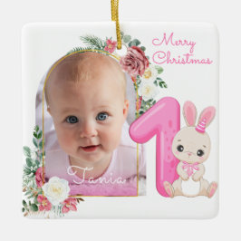 First Christmas Pink Baby Girl Photo floral Keramikornament