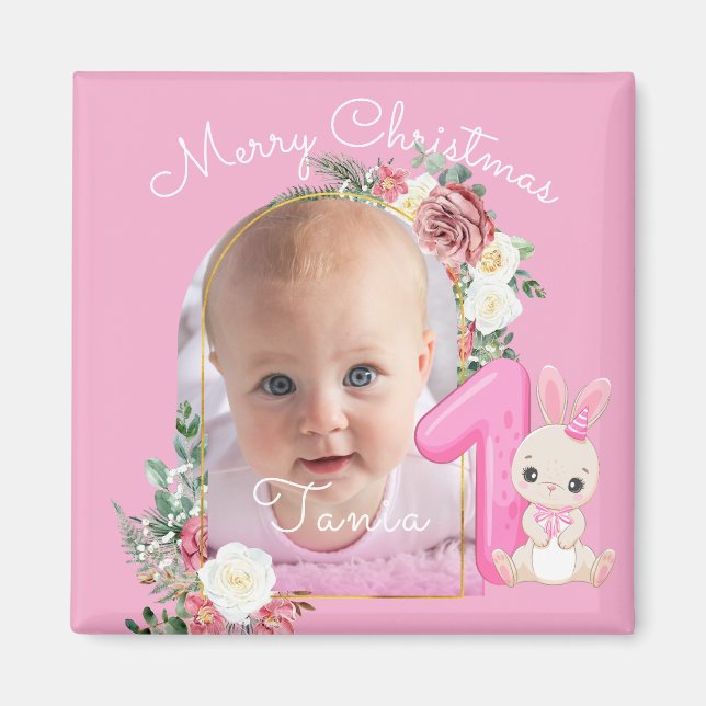 First Christmas Pink Baby Girl Photo floral Magnet (Vorne)