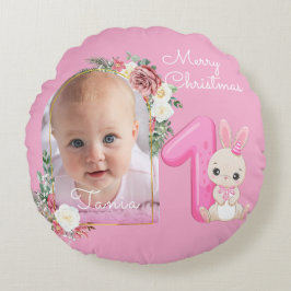 First Christmas Pink Baby Girl Photo floral Rundes Kissen