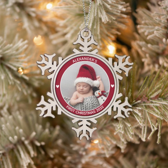 First Christmas Red Baby Foto Personalisiert Schneeflocken Zinn-Ornament (Baum)