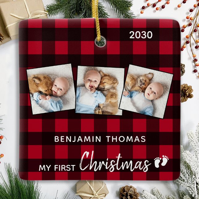 First Christmas Red Buffalo Kariert 3 Foto Baby Keramikornament (Von Creator hochgeladen)