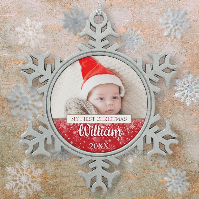 First Christmas Script Baby Foto Schneeflocken Zinn-Ornament (First Christmas Script Baby Photo Snowflake Pewter Christmas Ornament)