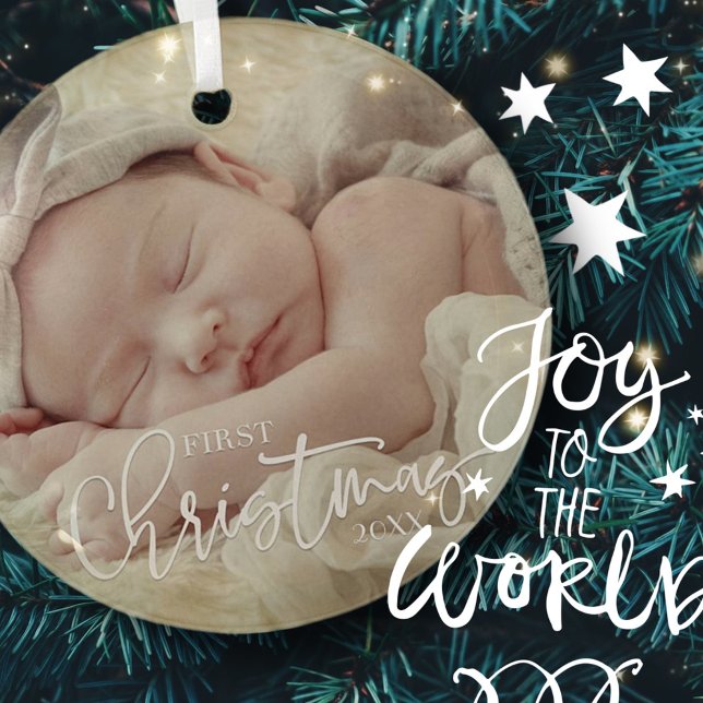 First Christmas Simple Script Custom Baby Foto Keramik Ornament (Von Creator hochgeladen)