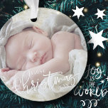 First Christmas Simple Script Custom Baby Foto Ornament<br><div class="desc">Dieses einfache und klassische Design besteht aus Serifentypografie und fügen ein individuelles Foto und Jahr.</div>