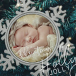 First Christmas Simple Script Custom Baby Foto Schneeflocken Zinn-Ornament<br><div class="desc">Dieses einfache und klassische Design besteht aus Serifentypografie und fügen ein individuelles Foto und Jahr.</div>