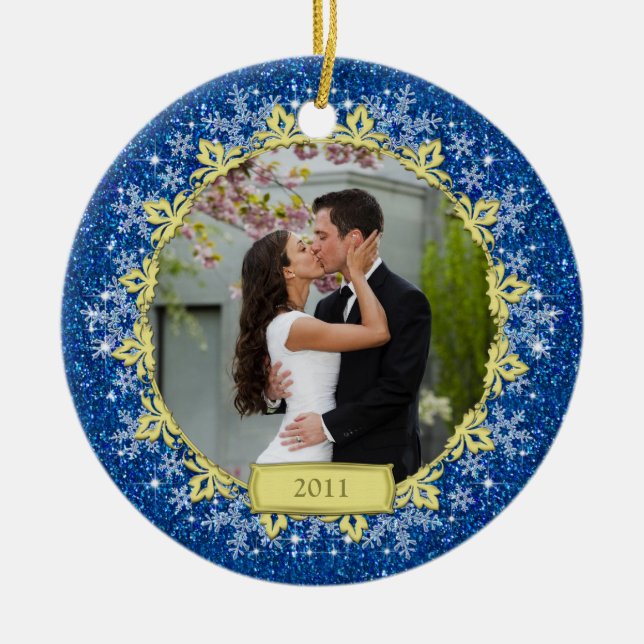 First Christmas Together Blue Snowflake Foto Keramik Ornament (Vorne)