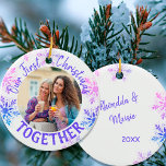 First Christmas Together Foto Bright Snowflake Keramik Ornament<br><div class="desc">"Unser erstes Weihnachtsfest zusammen" - personalisierte Weihnachtsschmuck ist ein schöner Vorgeschmack auf Ihre Weihnachtsdekoration. Die Vorlage ist für Sie bereit, um das Ornament mit Ihrem Foto, Ihren Namen und dem Jahr zu personalisieren. Das Design umfasst handgeschriebene Schriftzeichen und einen leichten Sprinkle aus hellrosa lila blauen und lila Schneeflocken. Ein schönes...</div>