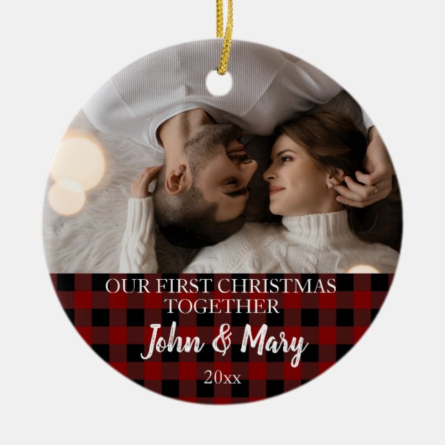 First Christmas together Foto Red pläd Keramik Ornament (Vorne)