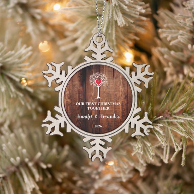 First Christmas together love tree rustic wood Schneeflocken Zinn-Ornament (Baum)