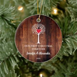 First Christmas together love tree wood photo Keramik Ornament
