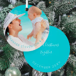 First Christmas together mom new baby custom, Foto Ornament Aus Metall<br><div class="desc">Mother and newborn baby celebrating First Christmas together your family foto keepsake blue tree ornament. Personalize with your kid's name,  Text und Foto on both sides.                    Elegant Christmas tree decoration for years to come or a beautiful gift for your eltern or grandeltern.</div>