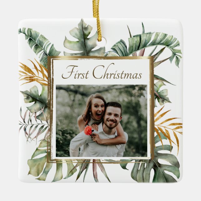 First Christmas Tropical Elegant Palms Fotograph Keramikornament (Vorderseite)