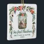 First Christmas Winter Deers Green PHOTO BACK Keramikornament<br><div class="desc">Elegant Calligraphy Script,  Our First Christmas Watercolor Winter Floral Deer Ornament includes red poinsettias,  white floral roses,  pine cones,  cotton and winter greenery. Watercolor Mason jar with deer and buck in pines forest. Photo Back.</div>