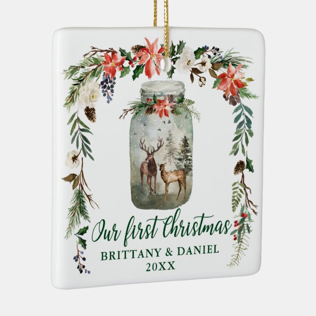 First Christmas Winter Deers Green PHOTO BACK Keramikornament (Rechts)