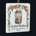 First Christmas Winter Floral Deers PHOTO BACK Keramikornament<br><div class="desc">Elegant Calligraphy Script,  Our First Christmas Watercolor Winter Floral Deer Ornament includes red poinsettias,  white floral roses,  pine cones,  cotton and winter greenery. Watercolor Mason jar with deer and buck in pines forest. Photo Back.</div>
