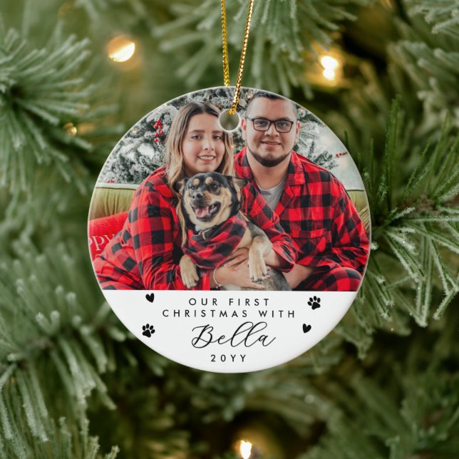 First Christmas with Dog Name and Photo Keramik Ornament (Baum)