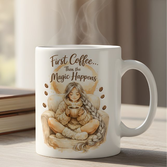 First Coffee Then The Magic Happens Cozy Girl Mug (Créateur téléchargé)