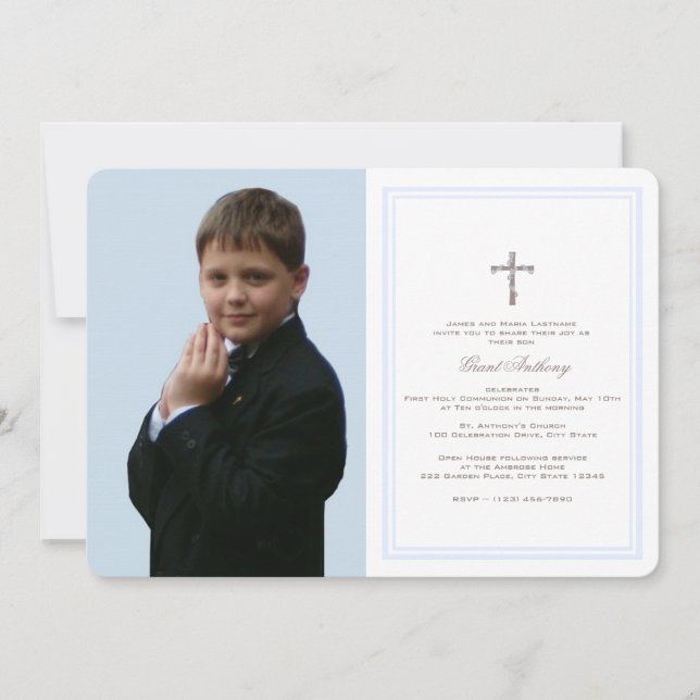 First Communion Baby Blue mit Foto Einladung (Vorderseite)