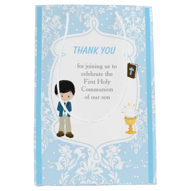 First Communion Black Hair Boy Danke Mittlere Geschenktüte (Vorderseite)