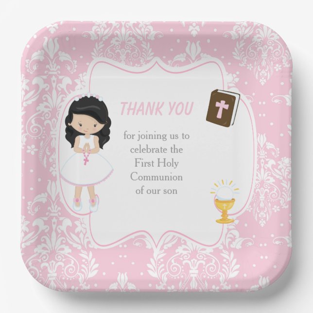 First Communion Black Hair Girl Danke Pappteller (Vorderseite)