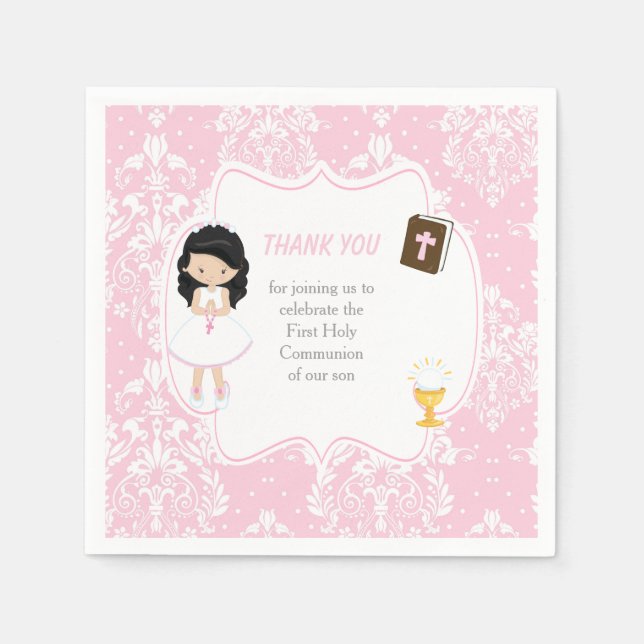 First Communion Black Hair Girl Danke Serviette (Vorderseite)
