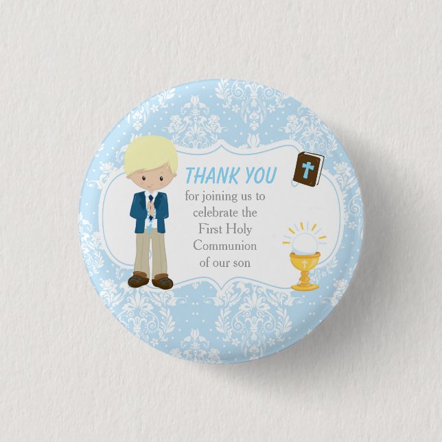 First Communion Blonde Hair Boy Danke Button (Vorderseite)