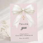 First Communion bow dusty blush pink ivory pearls Dankeskarte<br><div class="desc">A beautiful First Holy Communion thank you card featuring a dusty blush pink background,  elegant ivory bow with pearl details,  and a delicate gold cross. Personalize with name and date to thank family and friends for celebrating this special day.</div>