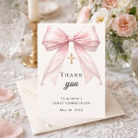 First Communion bow pink ivory pearls gold cross Dankeskarte<br><div class="desc">A modern and elegant First Communion thank you card.  A soft ivory,  cream colored background,  decorated with a large pink colored bow with pearls and a golden cross.  On the front the text: Thank You,  name,  and a date. 
Back: Template for Your thank you note and name.</div>