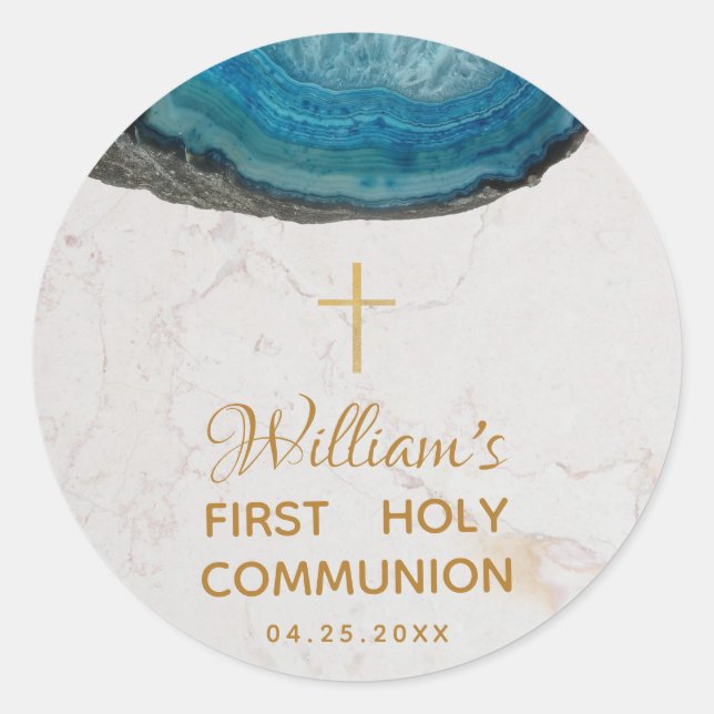 First Communion Boy Blue Geode Marble Gold Cross Runder Aufkleber (Vorderseite)