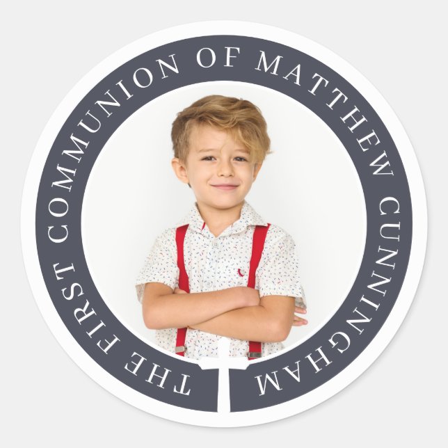 First Communion Boy Custom Foto & Simple Cross Runder Aufkleber (Vorderseite)