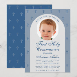 First Communion Boy Foto Dusty Blue Arch Modern Einladung