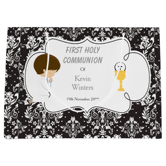 First Communion Brünett Boy Black Damask Große Geschenktüte (Vorderseite)