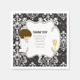 First Communion Brünett Boy Black Damask Serviette