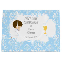 First Communion Brünett Boy Blue Damask Große Geschenktüte