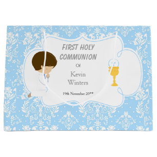 First Communion Brünett Boy Blue Damask Große Geschenktüte