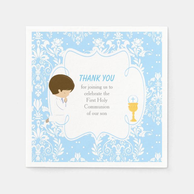 First Communion Brünett Boy Blue Damask Serviette (Vorderseite)