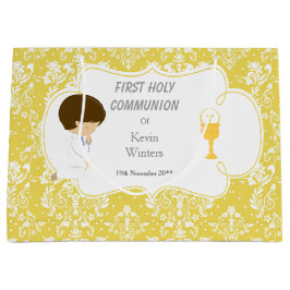 First Communion Brünett Boy Gold Damask Große Geschenktüte