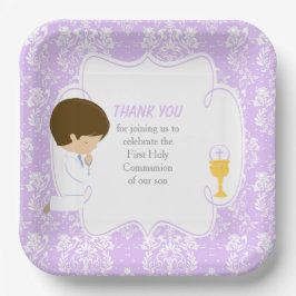 First Communion Brünett Boy Lila Damask Pappteller