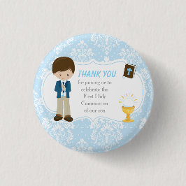 First Communion Brünett Hair Boy Vielen Dank Button