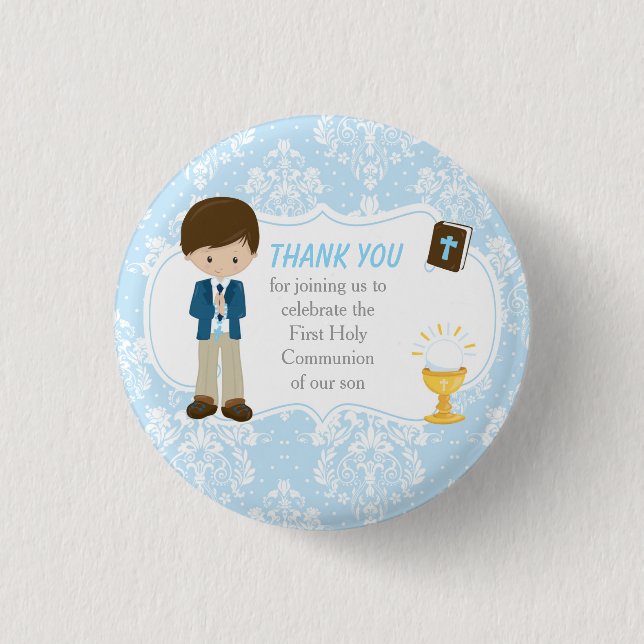 First Communion Brünett Hair Boy Vielen Dank Button (Vorderseite)